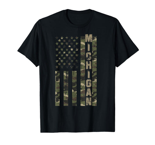 Michigan United States Distressed Camo w US Flag T-Shirt