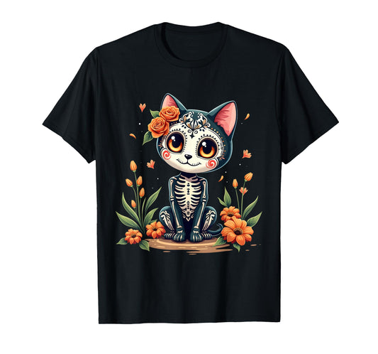 Colorful Sugar Skull Cat Tee Mexican Halloween T-Shirt