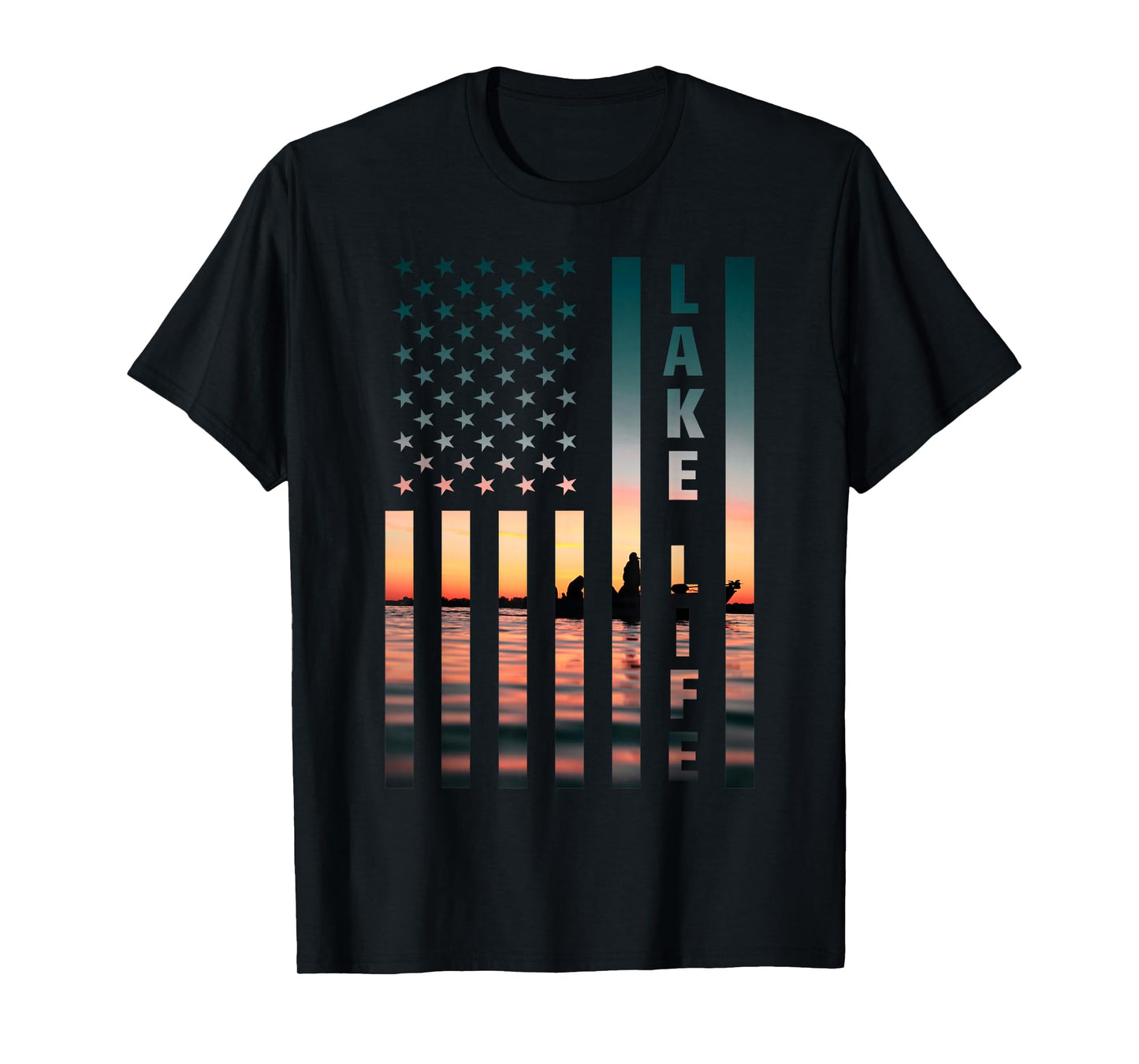 Lake Life Fisherman Sunset American Flag Bass Fishing Boat T-Shirt