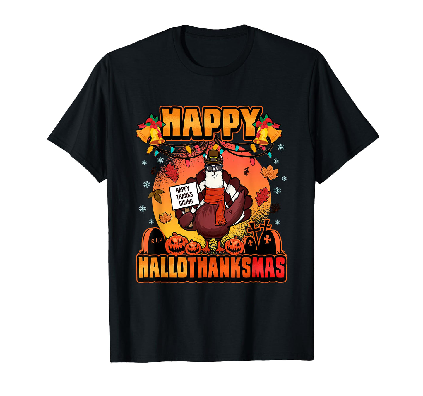 Halloween Christmas Happy Hallothanksmas Llama Turkey T-Shirt