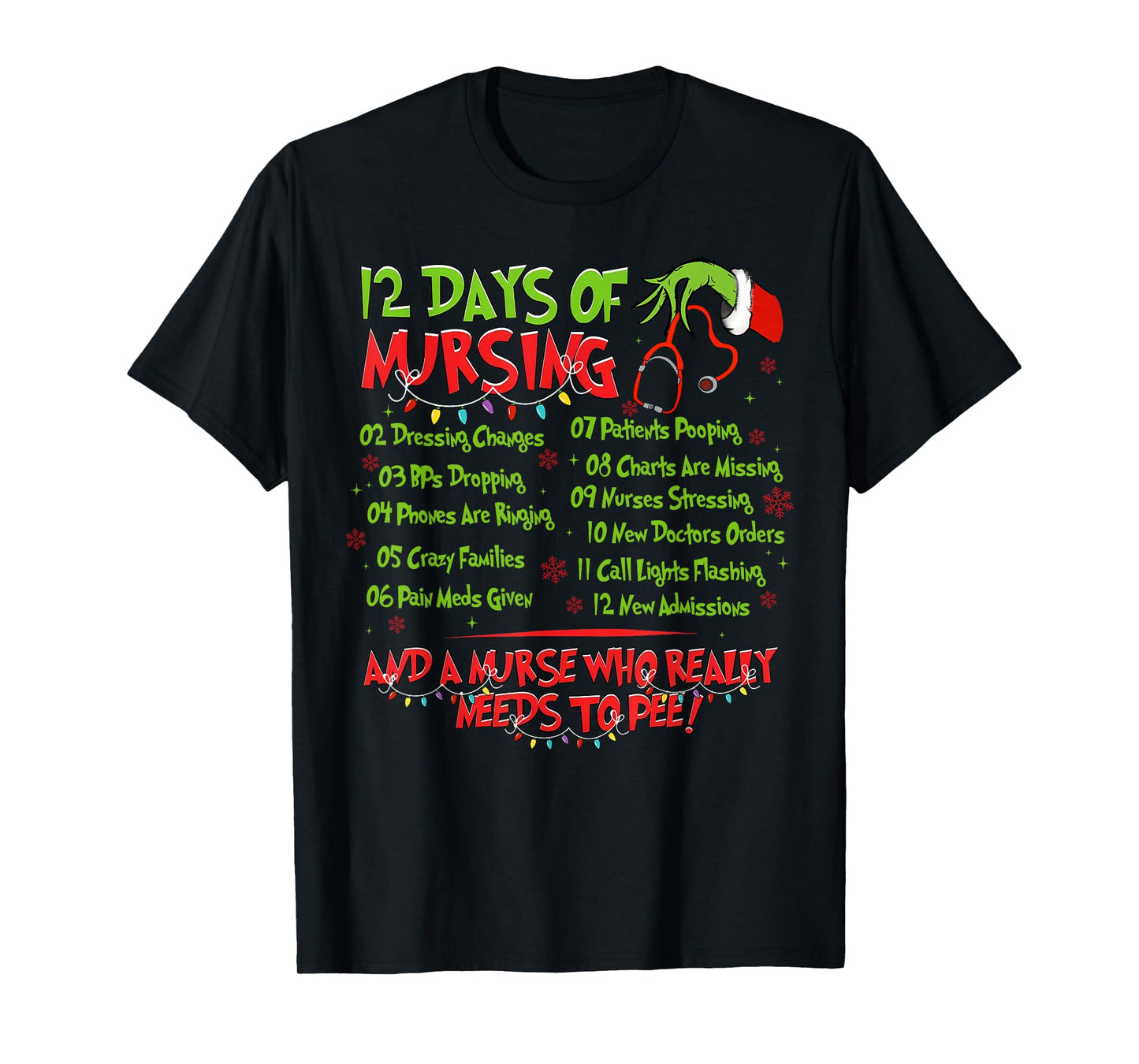 12 Days of Nursing Nurse Merry Christmas Xmas Lights Holiday T-Shirt