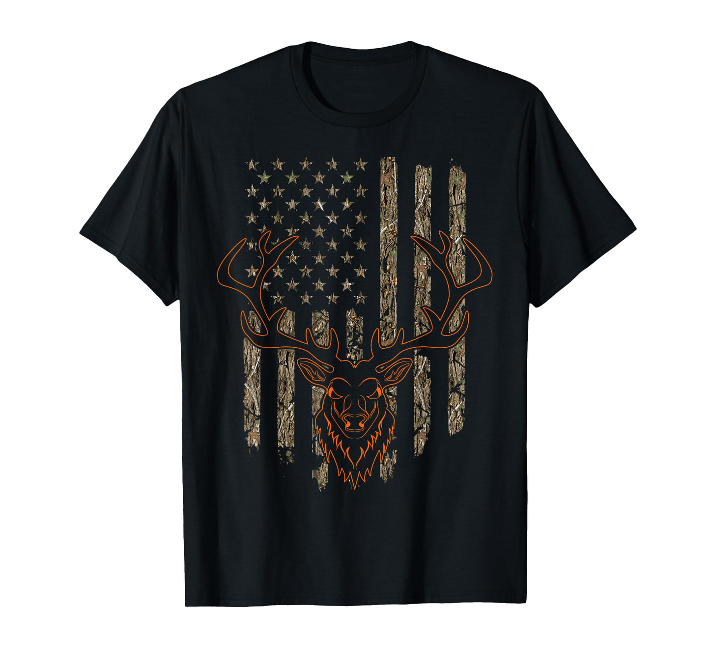 Mule Deer Stag Hunting Tree Forest Camouflage American Flag T-Shirt