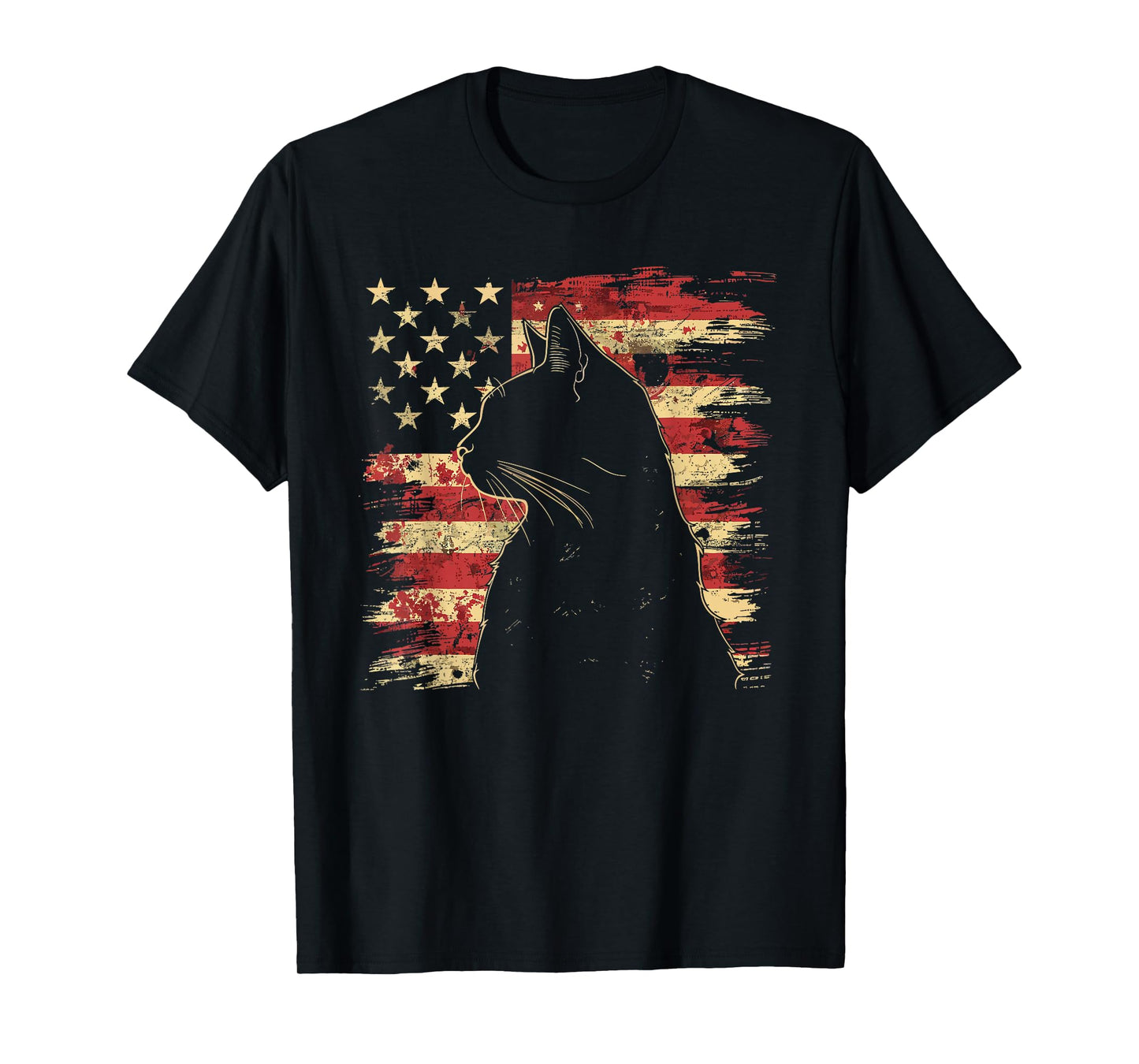 4th of July DESIGNS Unisex-Adult Vintage Patriotic Cat Silhouette Graphic T-Shirt, Black, Small, Short Sleeve