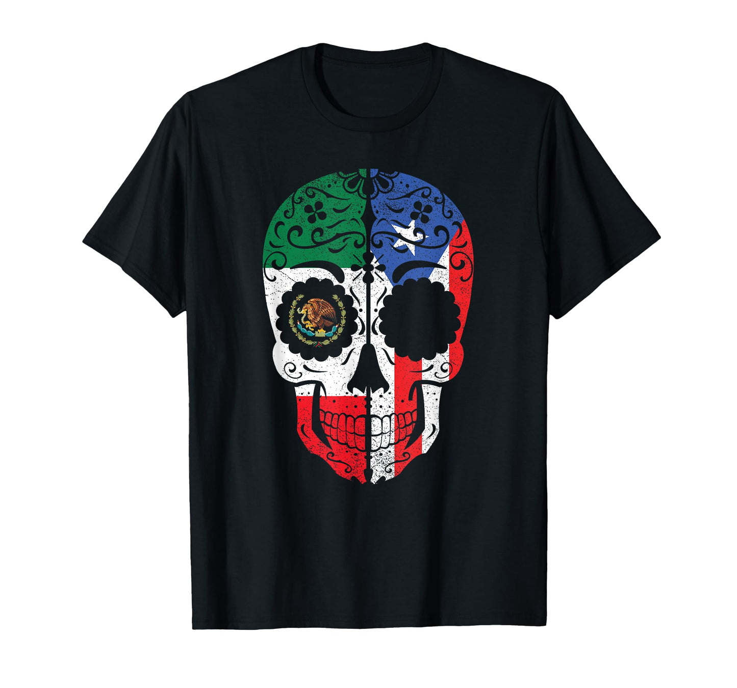 Mexican Puerto Rican Flag Mexico Puerto Rico Sugar Skull T-Shirt