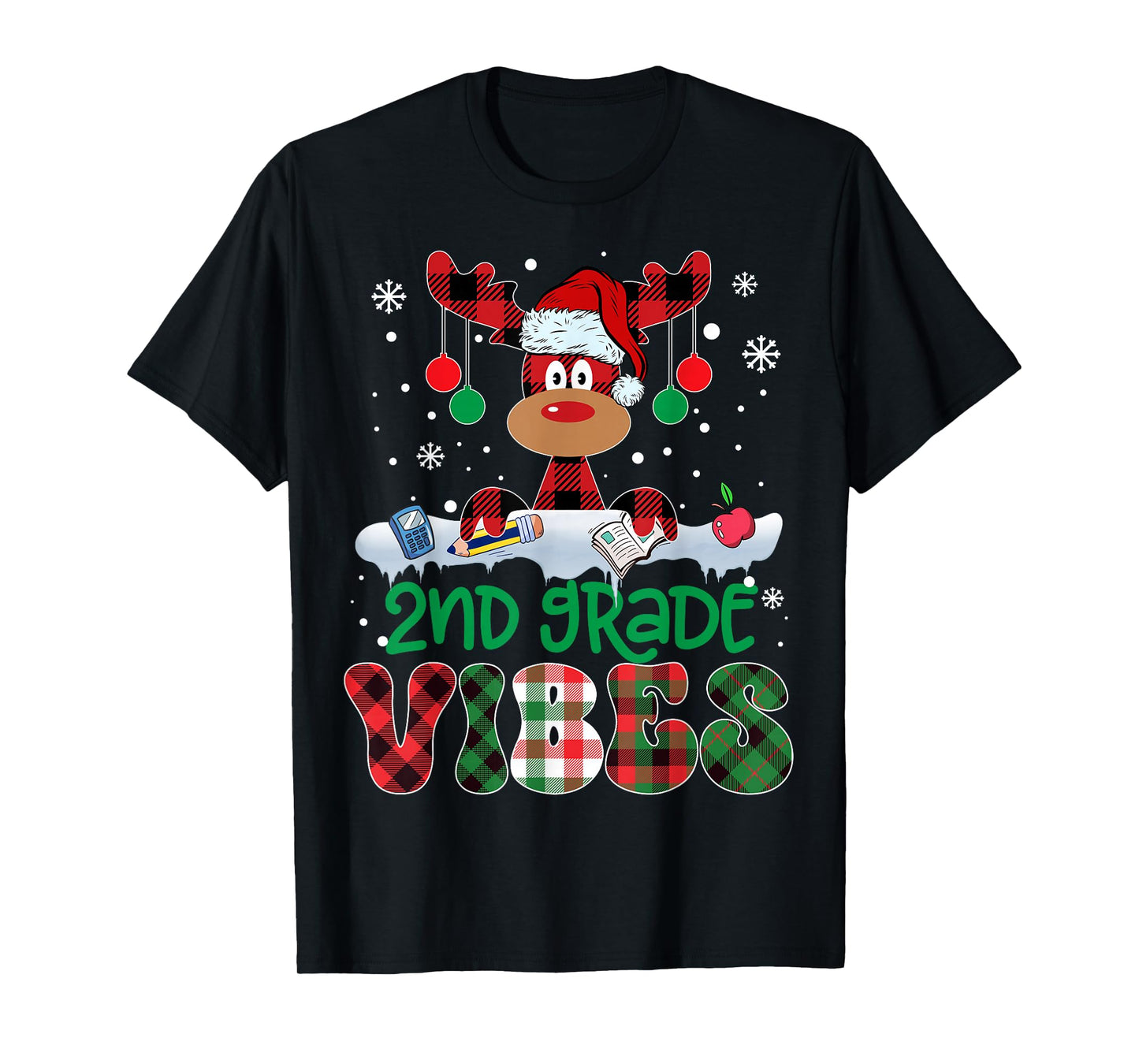 2nd Grade Vibes Teacher Buffalo Red Plaid Reindeer Christmas T-Shirt