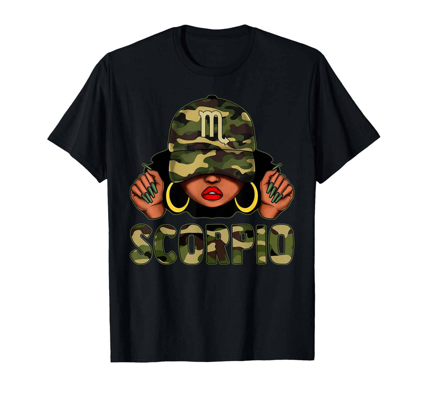 Scorpio Queen Black Woman with Cap Camo Afro Girl Zodiac T-Shirt