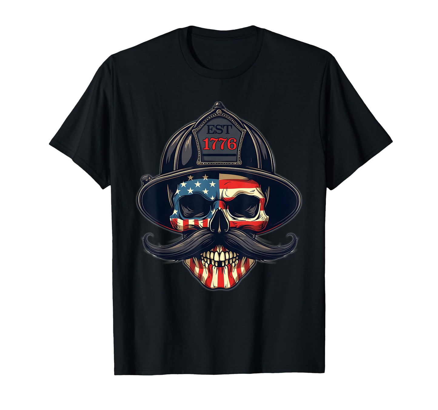Firefighter Skull Mustache Fire Fighter Fireman USA Flag T-Shirt