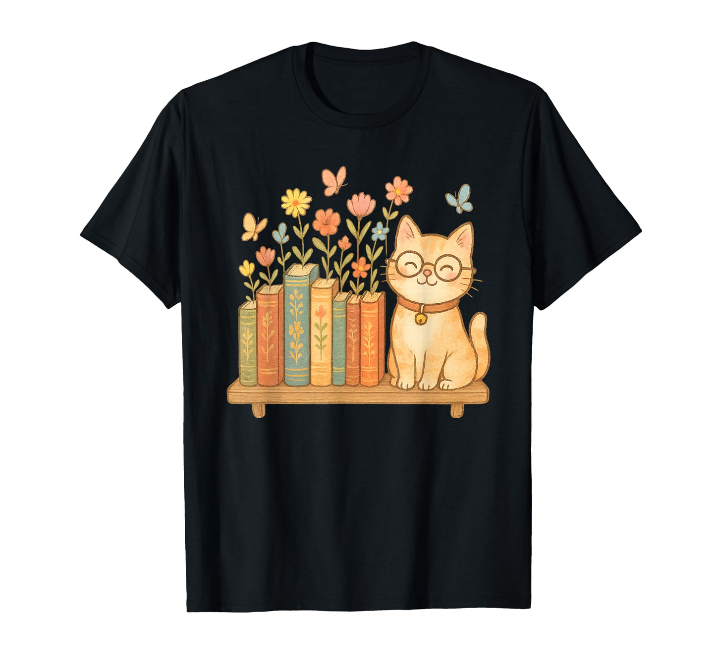 Cute Kawaii Cat Books Flowers T-Shirt
