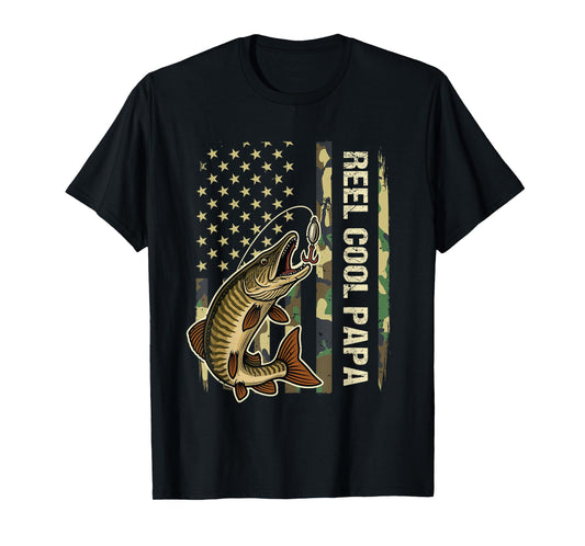 Reel Cool Papa Muskie Fishing Fisherman Musky American Flag T-Shirt