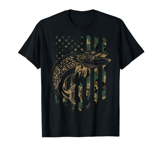 Pike Fishing American Flag Camouflage Muskie Fishing Camo T-Shirt