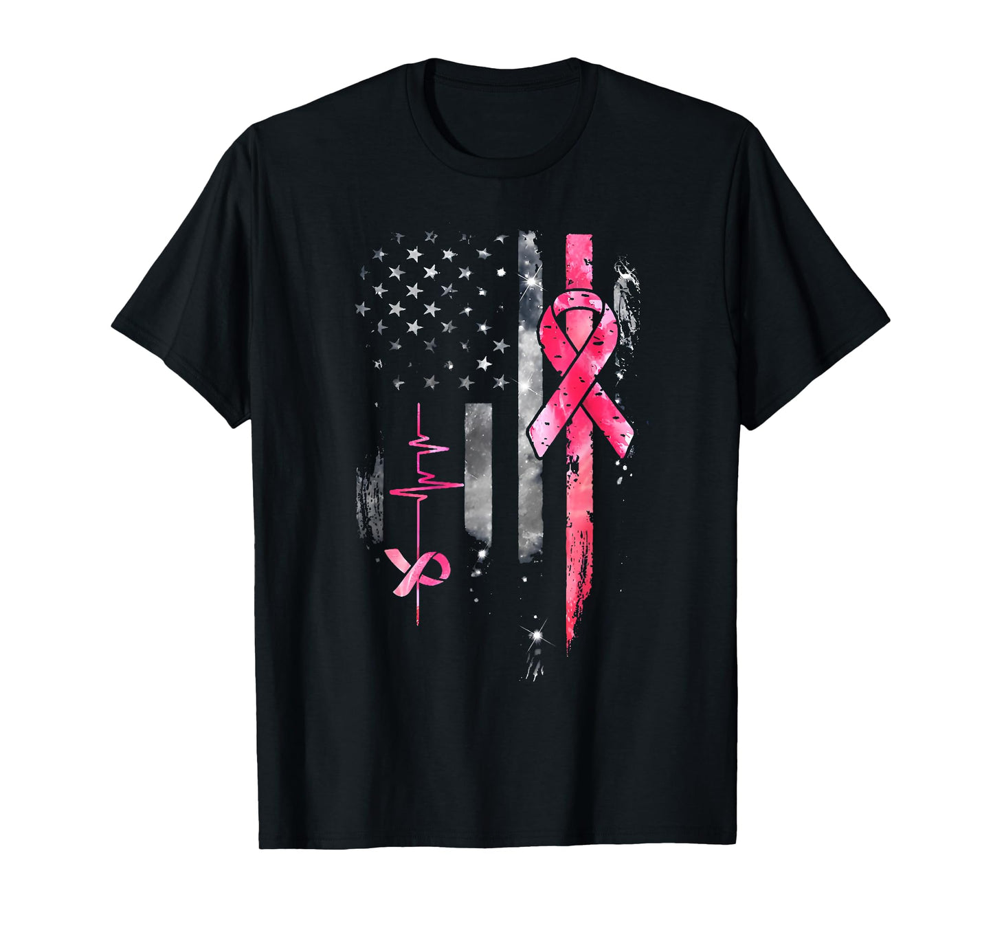 American Flag Pink Ribbon Breast Cancer Awareness Support T-Shirt
