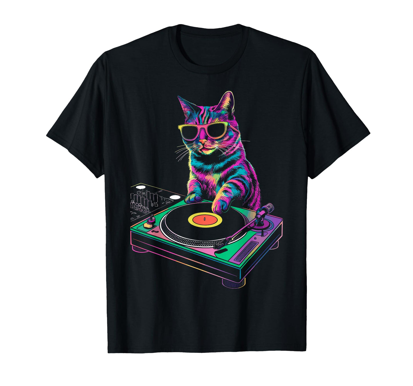 House DJ Cat Rainbow DJ Cat Kitty on Turntable Disco DJ Cat T-Shirt