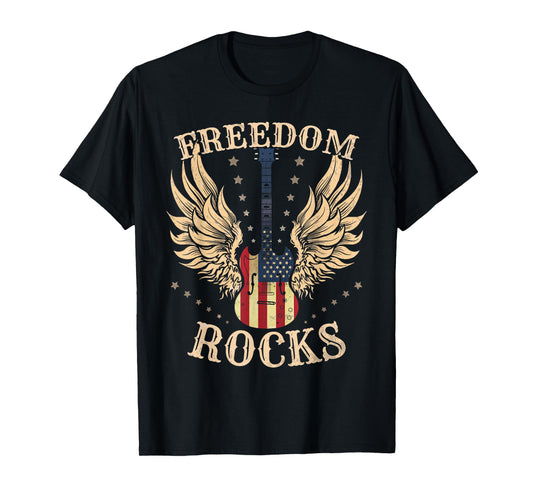 Freedom Rocks American Flag 4th July Guitar T-Shirt
