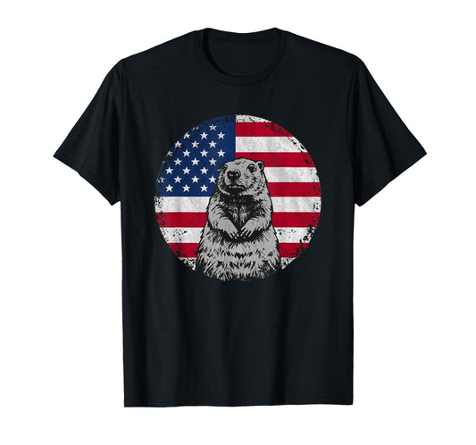 Cute Groundhog animal with American Flag T-Shirt