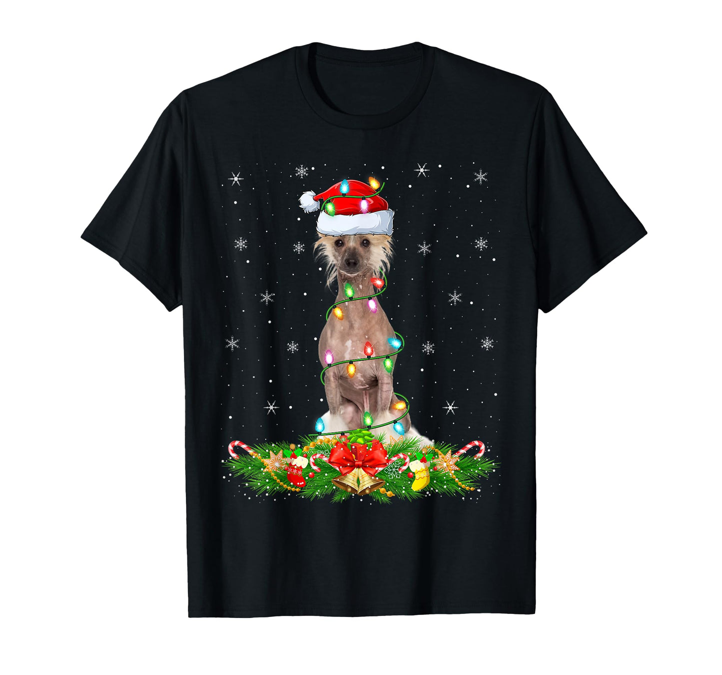 Chinese Crested Dog Christmas Lights Funny Santa Hat Xmas T-Shirt