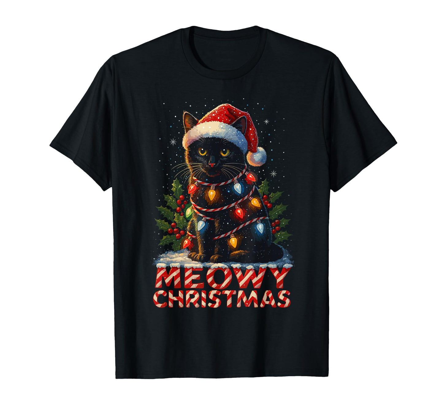 Black Cat Christmas Tree Lights Shirt, Cat Meowy Christmas T-Shirt
