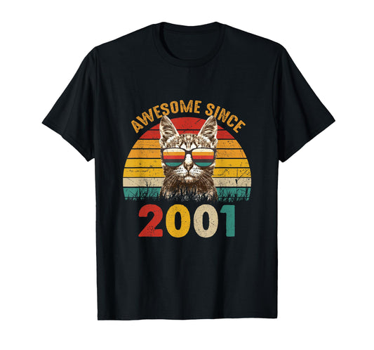 24th Birthday Vintage Cat Lover Gift Awesome Since 2001 T-Shirt for Men Women