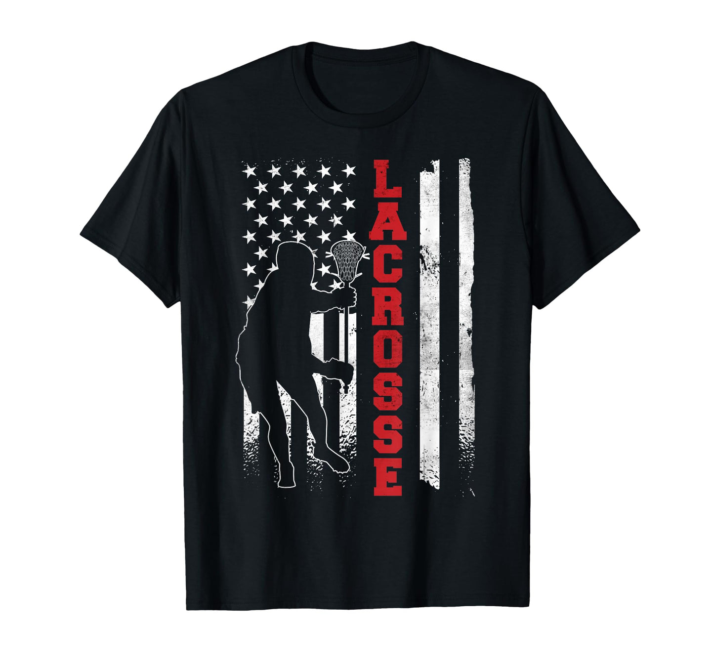 Vintage Gift Lacrosse American Flag LAX T-Shirt - Unisex-Adults, Kids - Black - Small - Short Sleeve - Cotton, Polyester