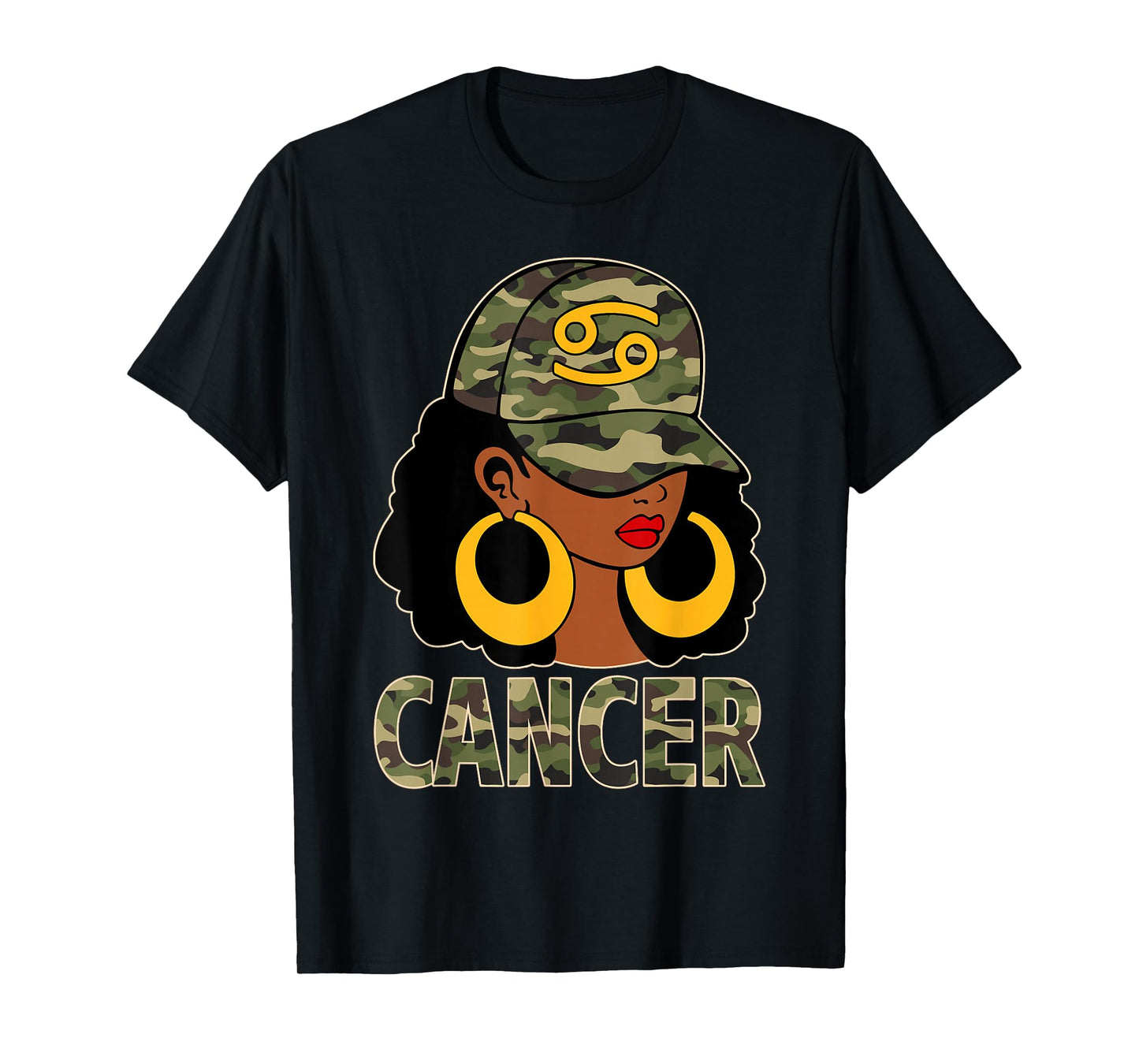 Cancer Queen Black Woman Cap Camoflauge Afro Girl Zodiac T-Shirt