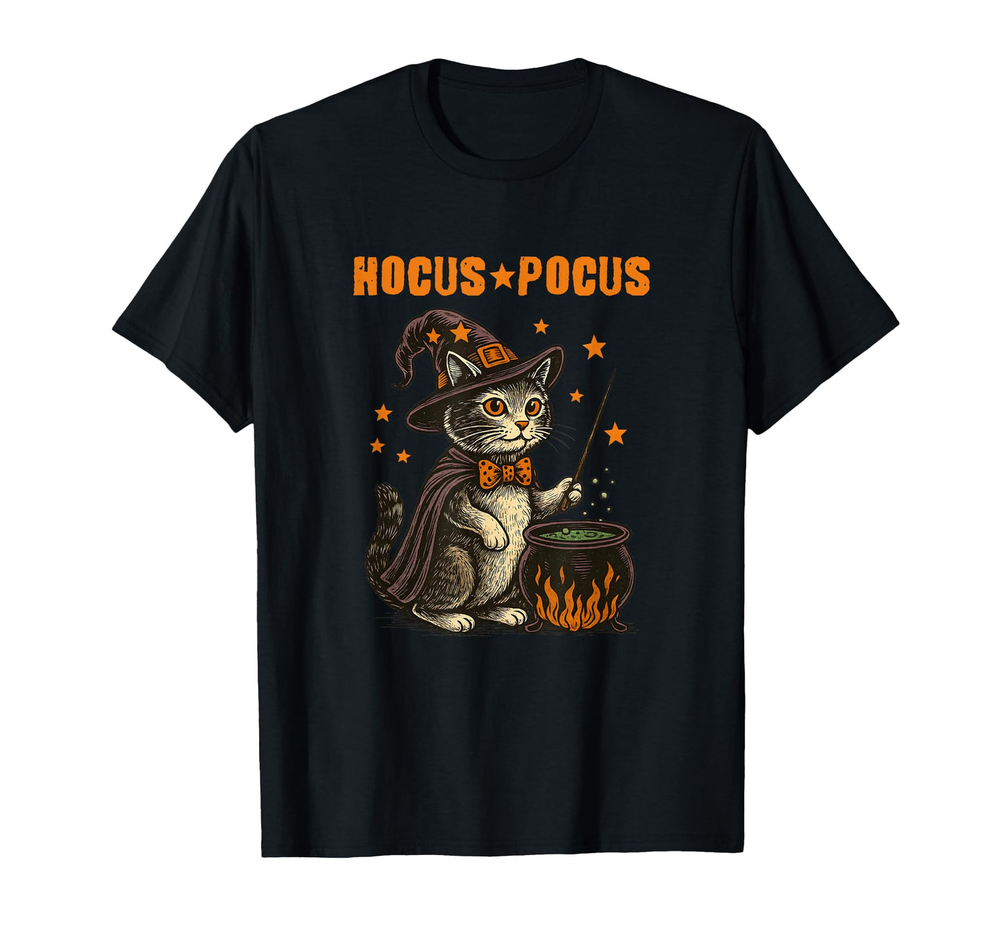 Hocus Pocus Halloween Cat Witch Hat Magic Cauldron Vintage T-Shirt