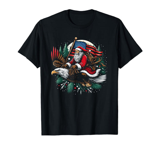 Santa Riding Eagle USA Flag Christmas T-Shirt