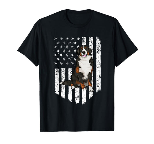 Black White American Flag Bernese Mountain Dog 4th Of July T-Shirt