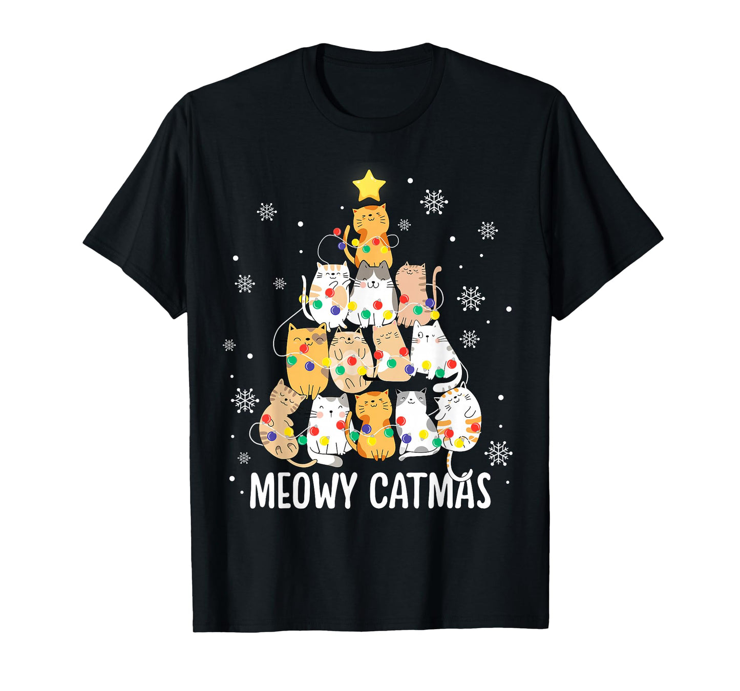 Meowy Catmas Cat Christmas Tree Lights Kitten Xmas Cat Lover T-Shirt