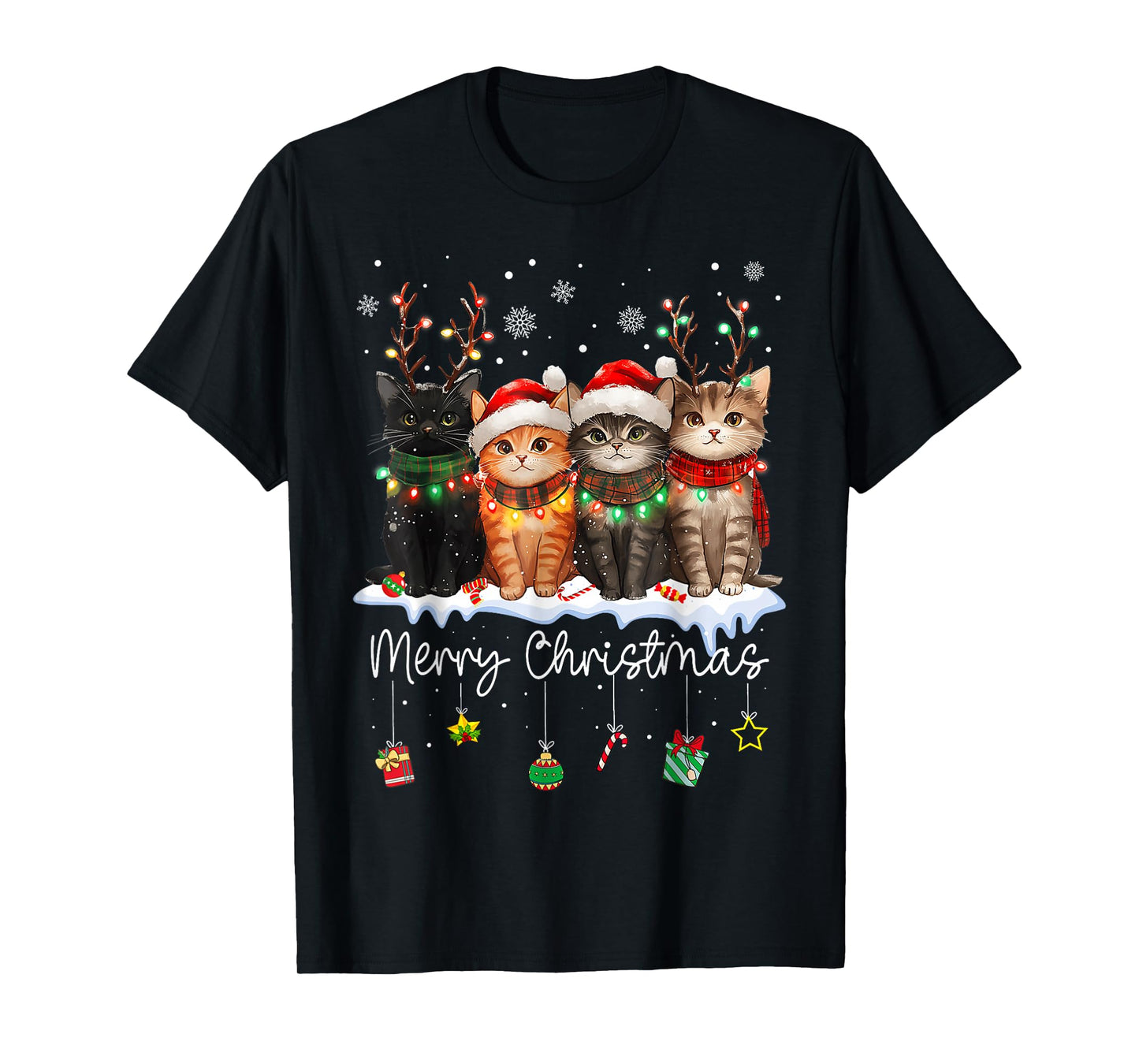 Cat Merry Christmas Light Reindeer Santa Christmas Cat Lover T-Shirt