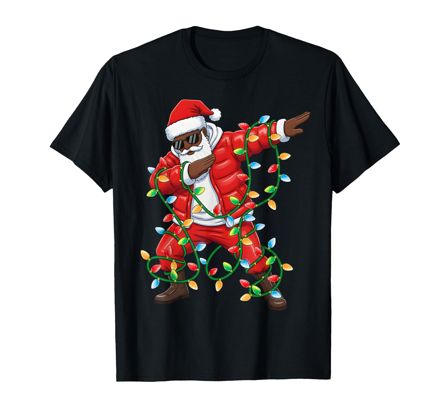 Dabbing African American Santa Xmas Lights Boys Christmas T-Shirt