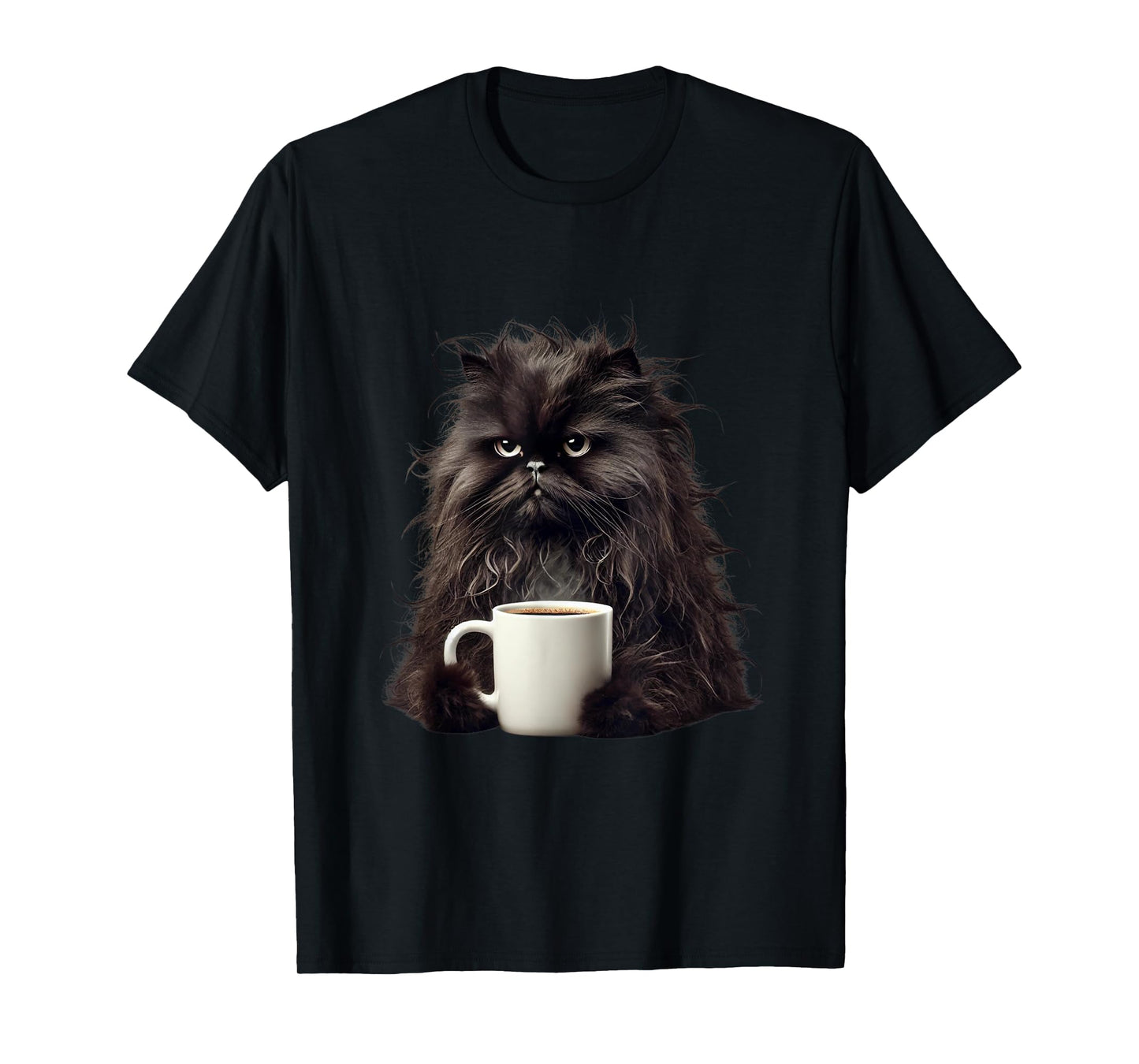 Fluffy Black Cat with Coffee Mug - Funny Cute Design Cat Mom T-Shirt