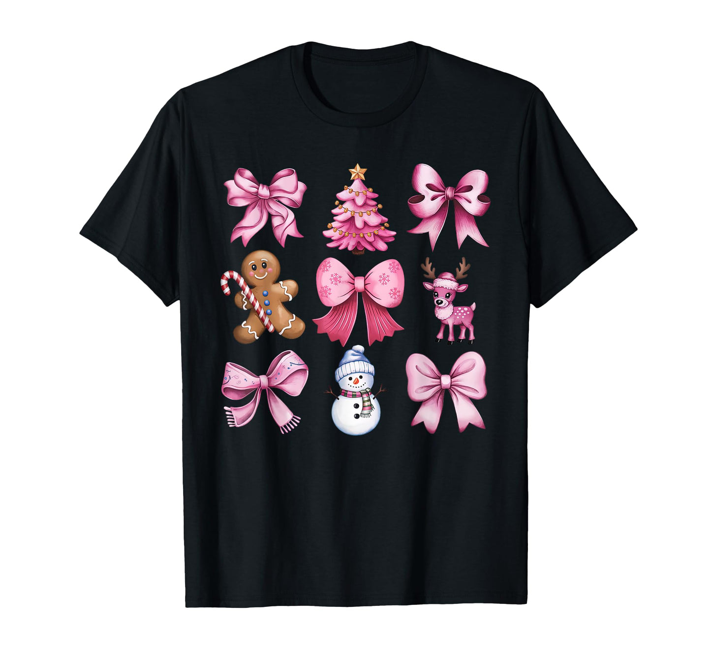 Cute Preppy Pink Christmas Tree Gingerbread Man Snowman Bow T-Shirt