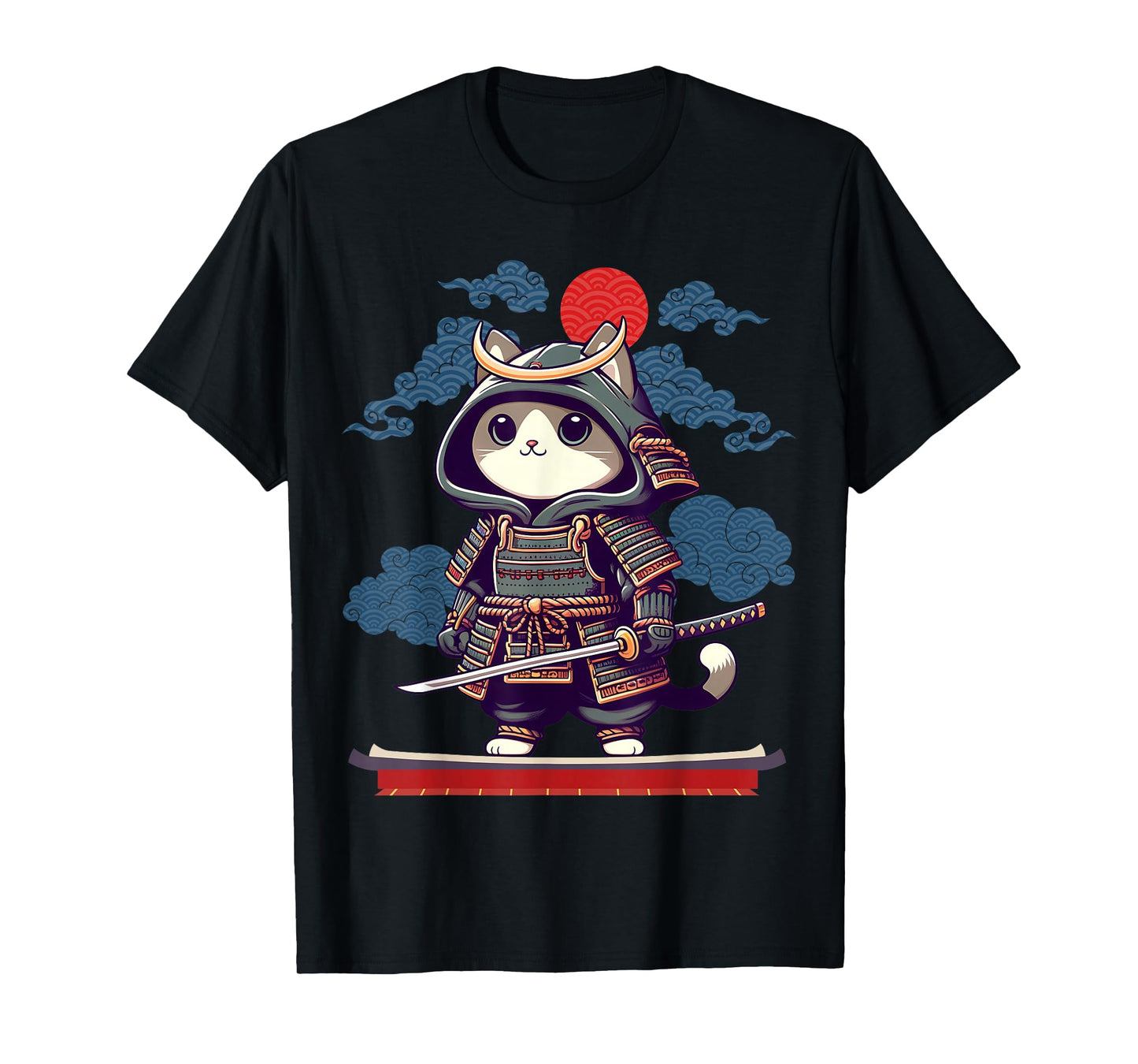 Japanese Samurai Cat Tattoo Kawaii Ninja Cat Anime Cute Kids T-Shirt
