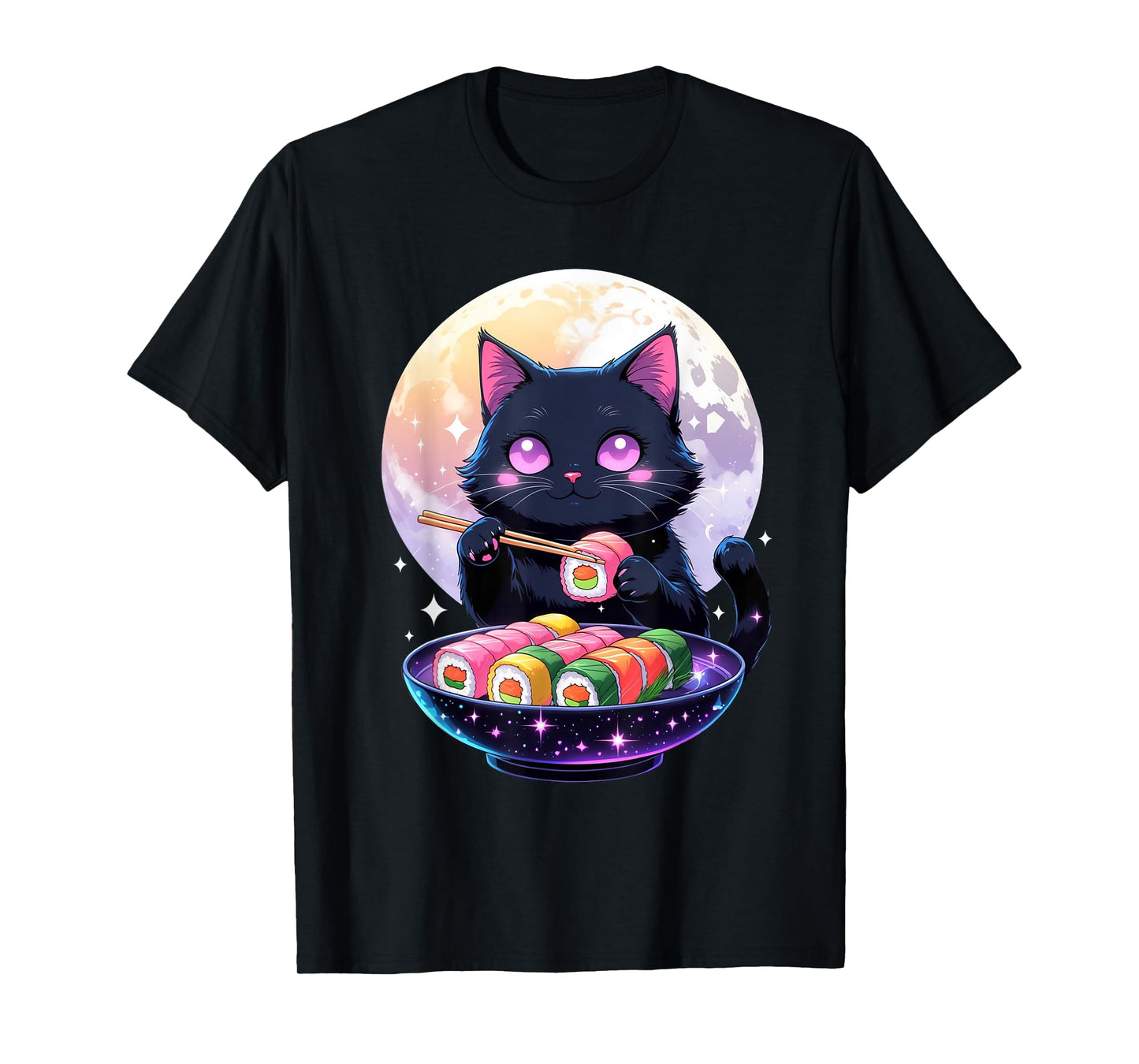 Kawaii Black Cat Eating Sushi Japanese Anime Cute Cat Girls T-Shirt