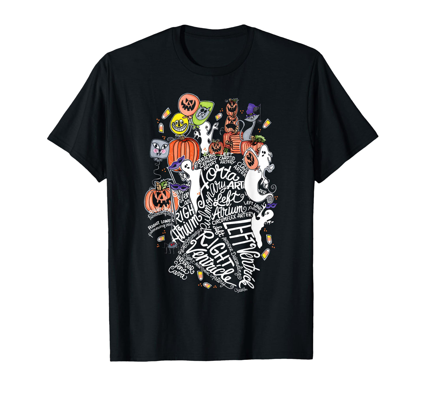 Anatomical Heart Halloween Medical White Word Cloud Line Art T-Shirt