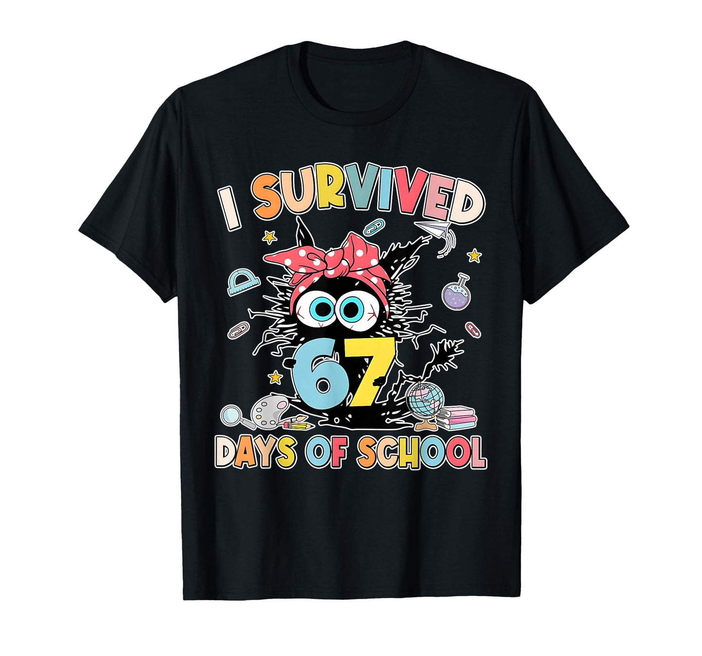 6 7 Meme Kids I Survived 67 Days of School Funny Black Cat T-Shirt