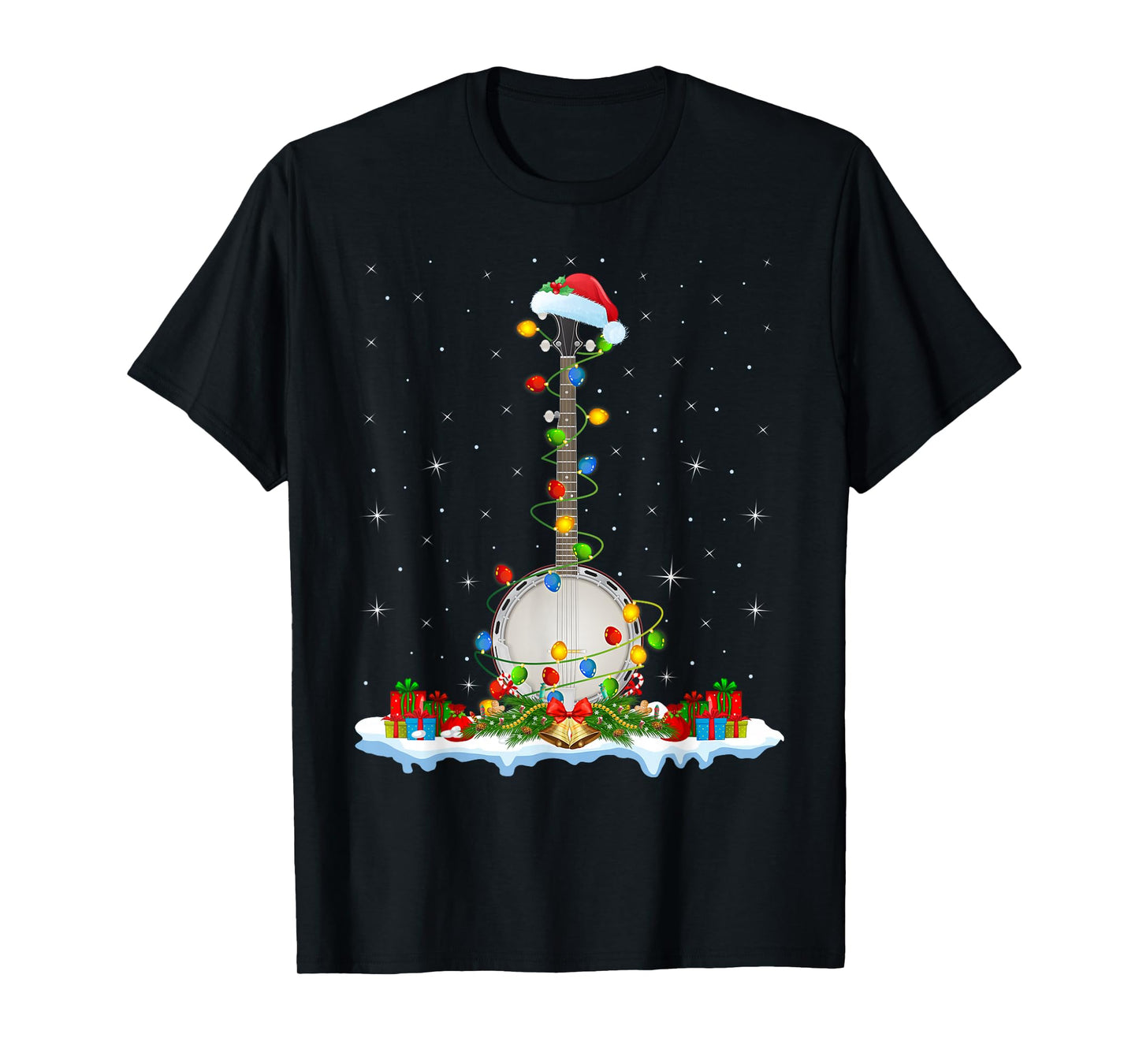 Banjo Christmas Lights Santa Hat Music Banjo Player Xmas T-Shirt