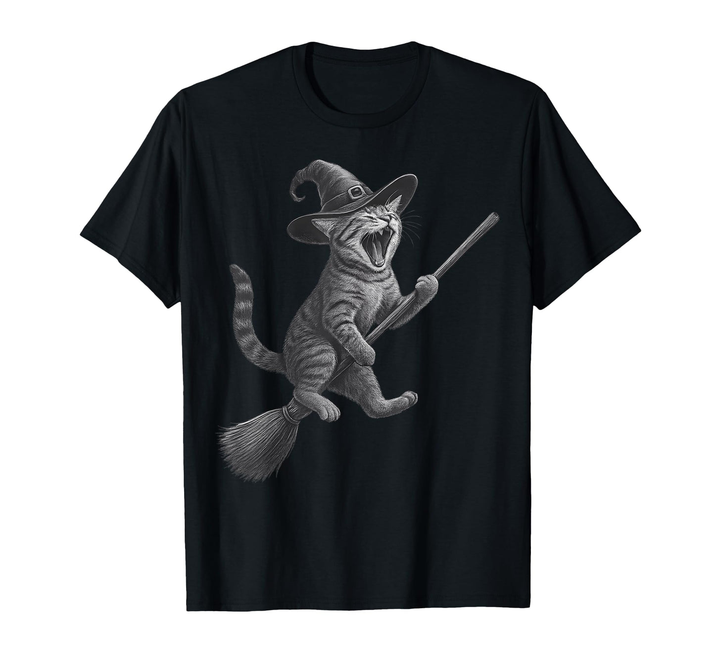 Cat Playing Witch Broomstick Funny Hat Witch Cat T-Shirt