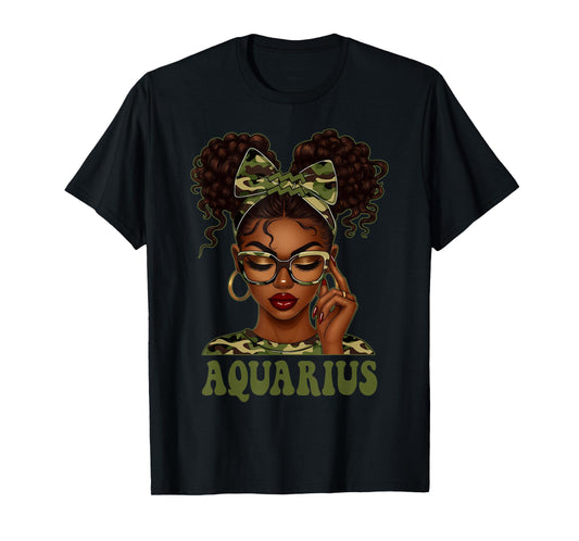 Aquarius Queen Black Girl Camouflage Bow It's My Birthday T-Shirt
