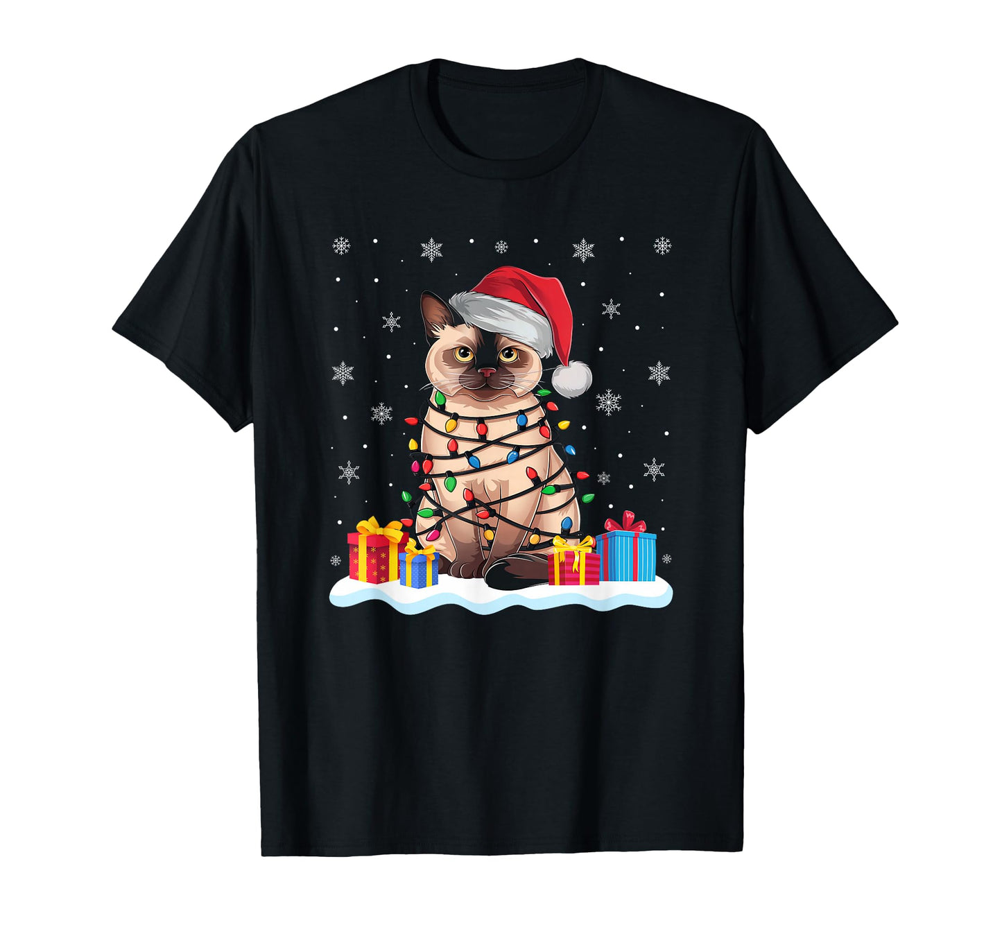Siamese Cat Santa Hat Christmas Tree Light Xmas Pajama T-Shirt