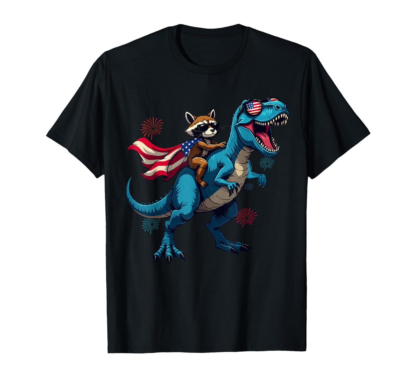 Funny Raccoon Riding T Rex 4th of July US Flag Patriotic T-Shirt