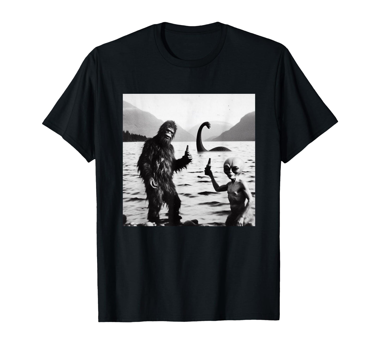 Funny Bigfoot Alien Loch Ness Monster Lake Gathering Novelty T-Shirt