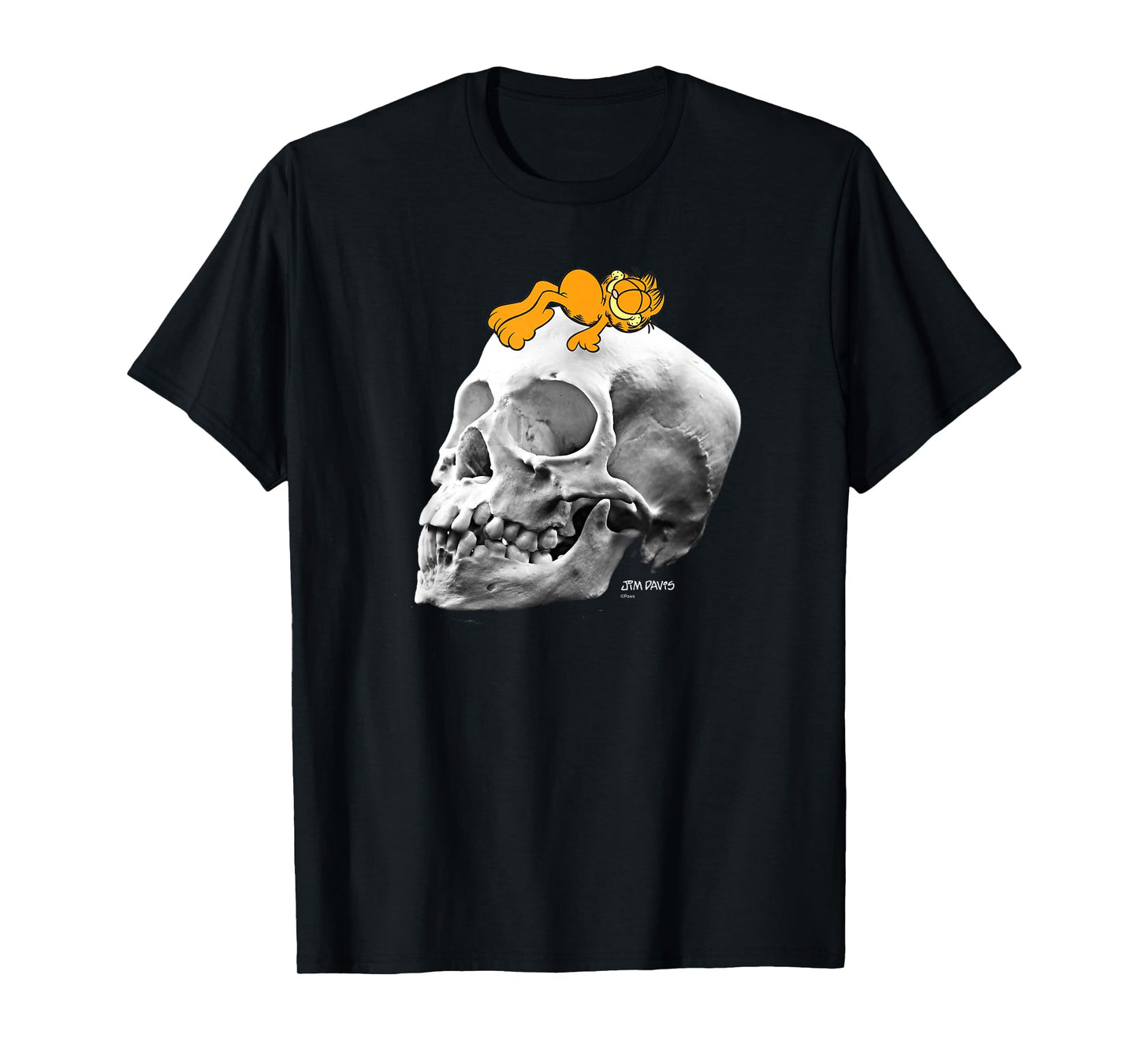 Garfield Lounging on Skull Spooky Cartoon Cat T-Shirt