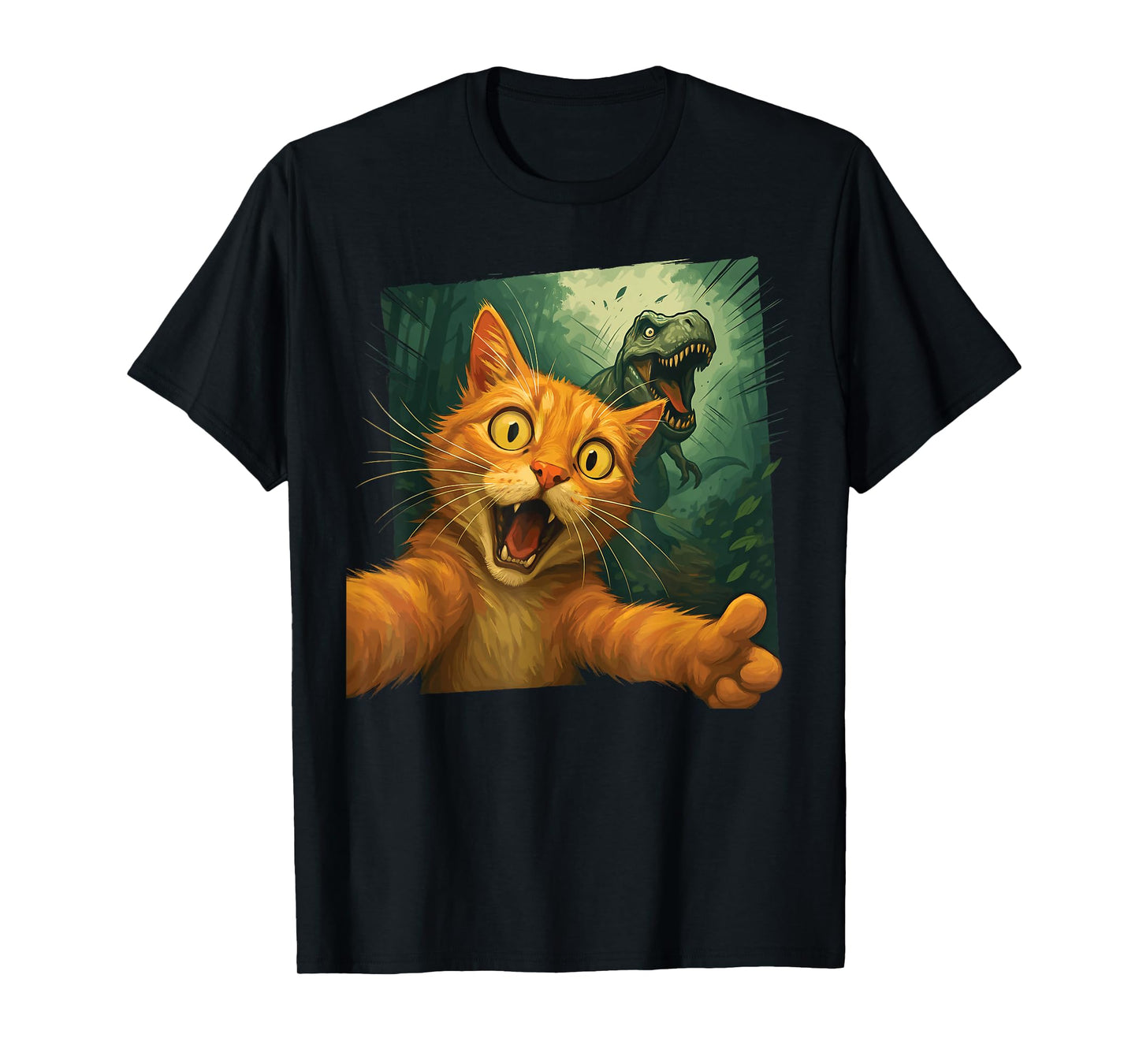 Cat Selfie T-Rex Chase Funny Dinosaur Meme Graphic Art T-Shirt