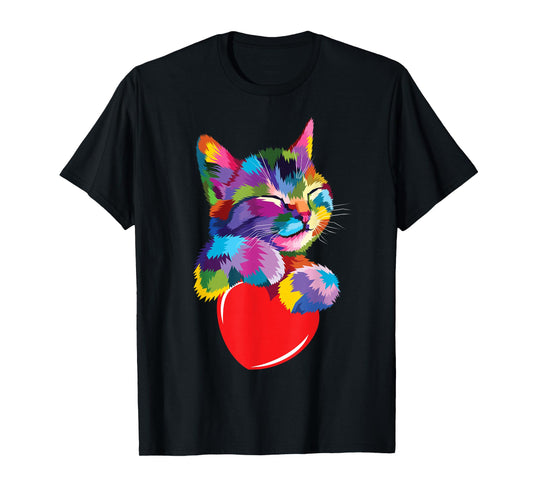 cute colorful cat hug heart art for lover cats kitty kitten T-Shirt