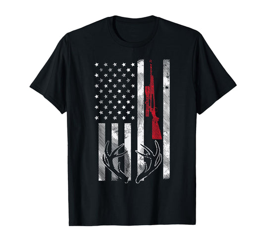 American Flag Rifle Antler Vintage Deer Hunting Hunter Gift T-Shirt