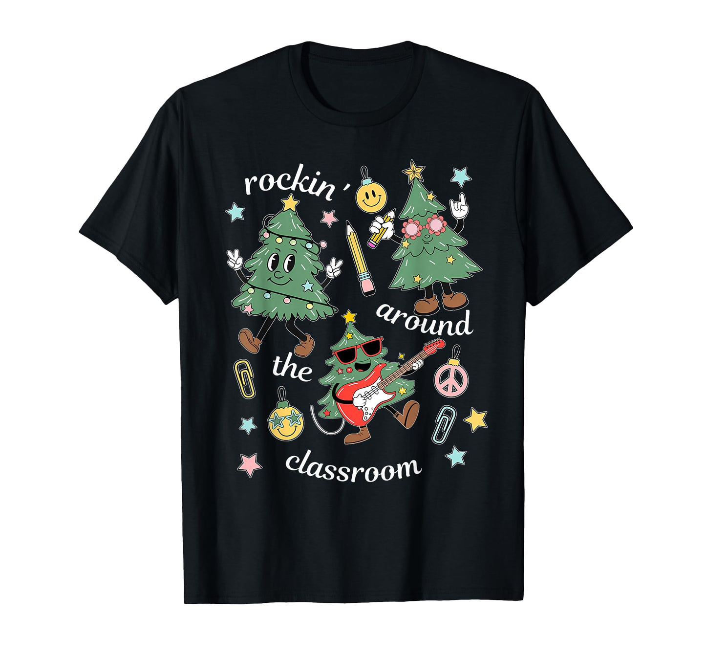 Rockin' Around The Classroom Christmas Teacher Retro Groovy T-Shirt