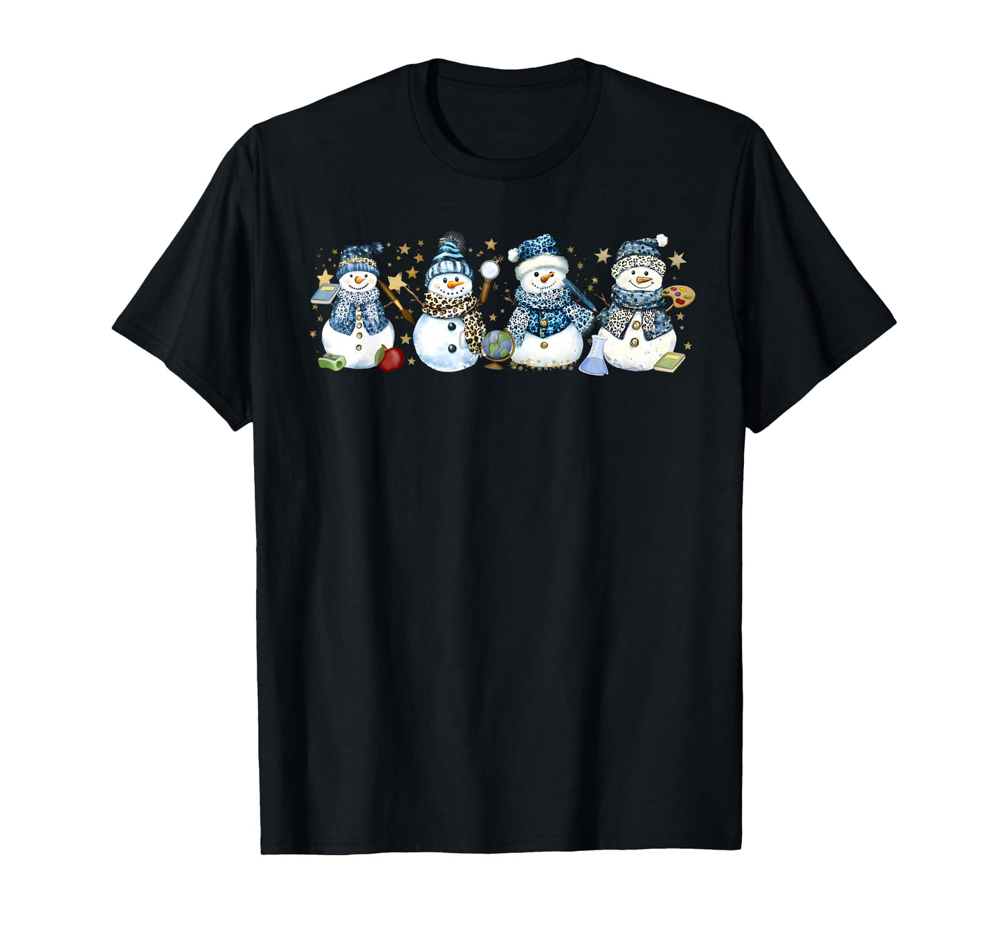 Snowman Teacher Winter Leopard Classroom Cute Blue Style T-Shirt