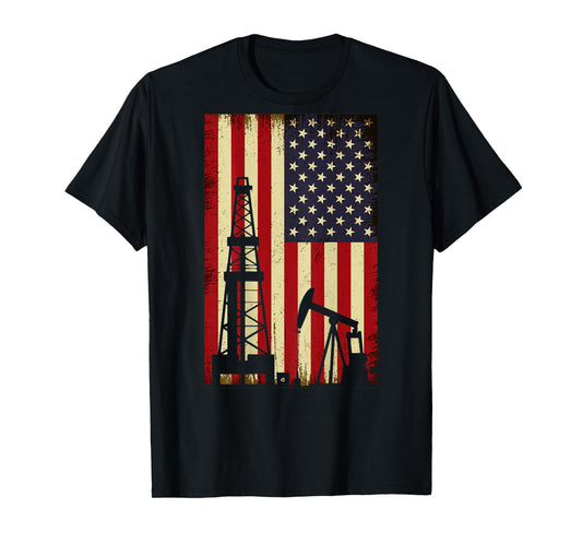 Landman Oil Rig Pump Gas Worker USA American Flag Vintage T-Shirt