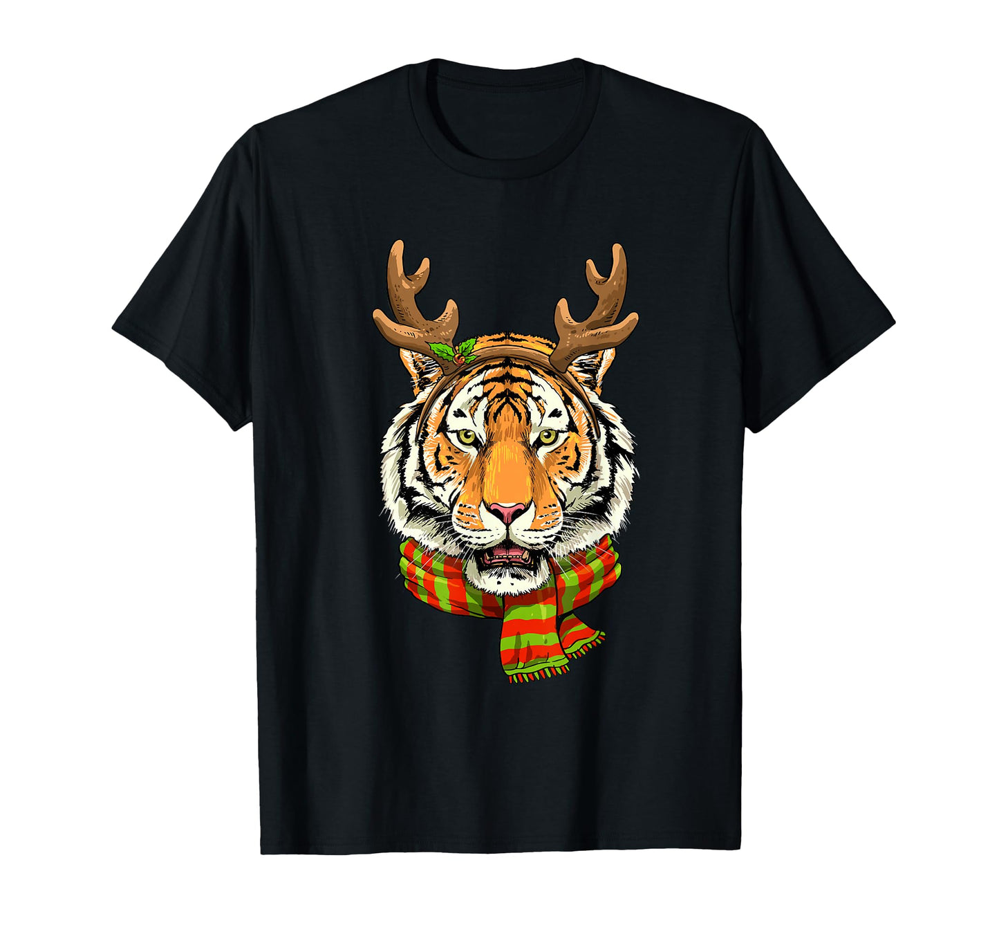 Tiger Reindeer Christmas Shirt Animal With Antlers Xmas T-Shirt