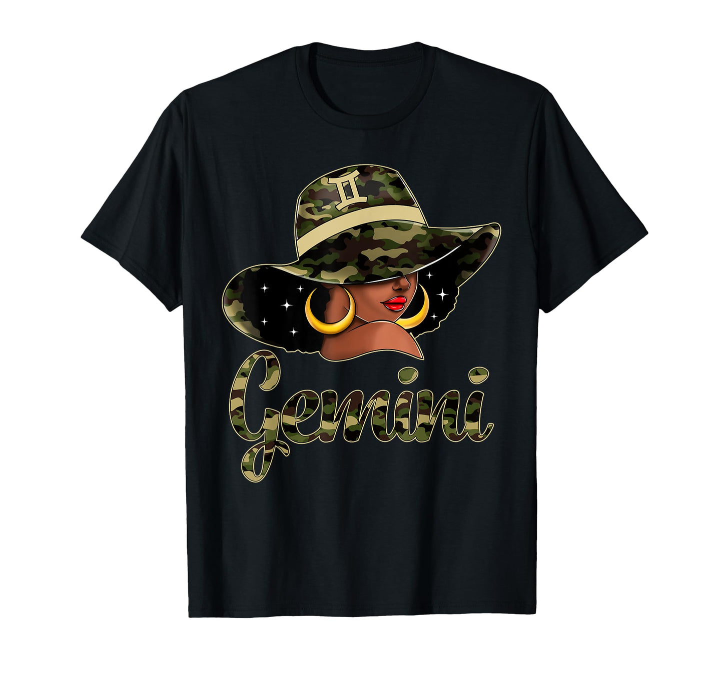 Gemini Queen Black Woman With Hat Camo Afro Woman Zodiac T-Shirt